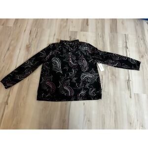 CHARTER CLUB Petite Black Velvet Paisley Long Sleeve Women Shirt (PL) $69 NWT